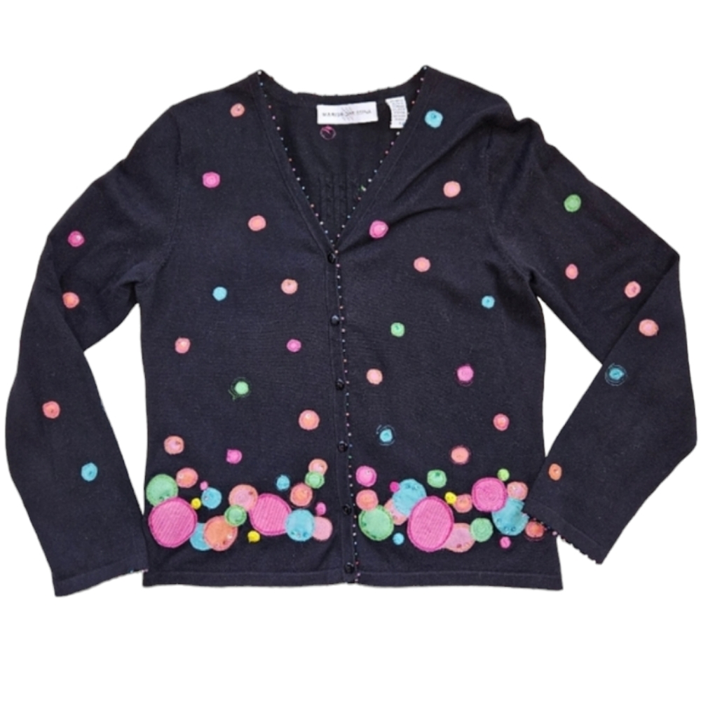 Vintage Cardigan Sweater Marisa Christina Black Colorful Embroidery Beaded